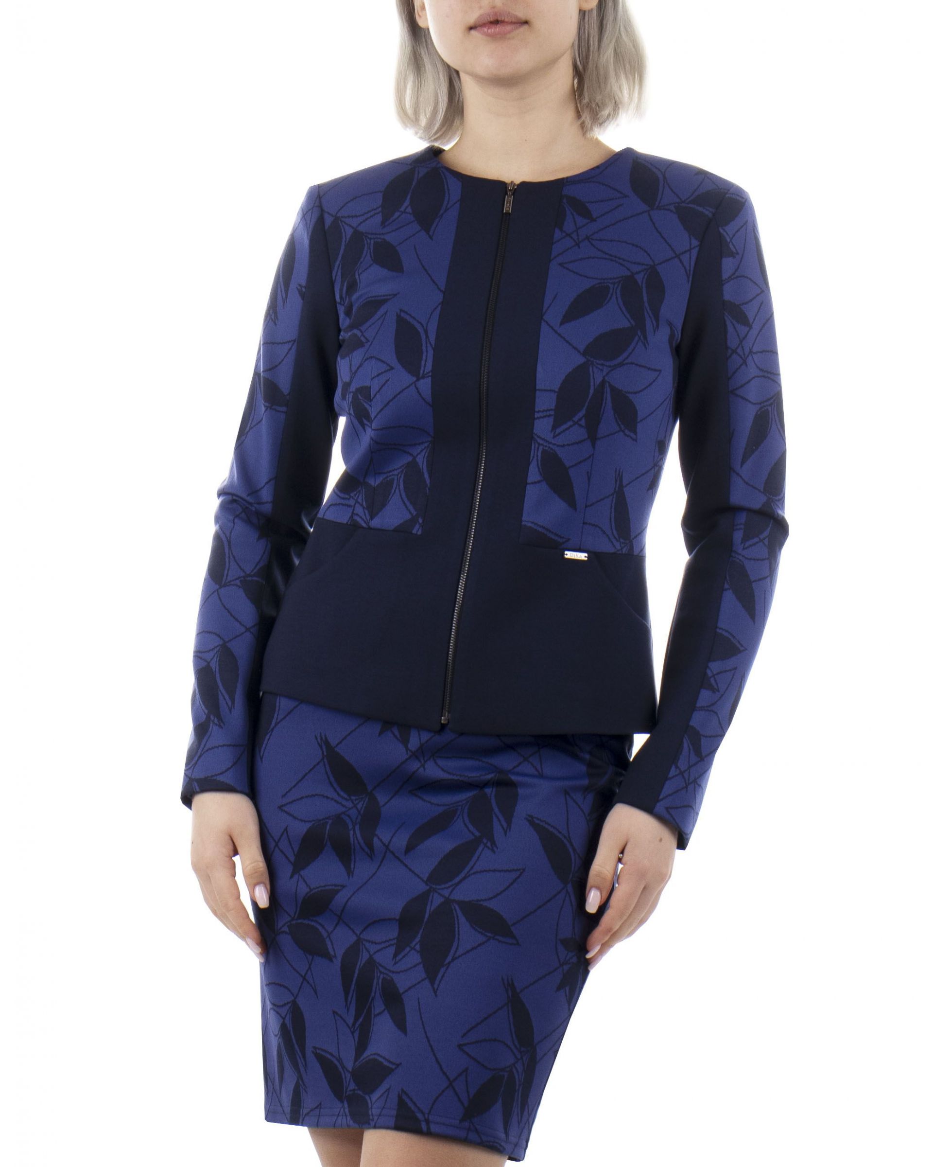 Zipper jacket with round neck, with contrasting elements with stylized leaves print 2