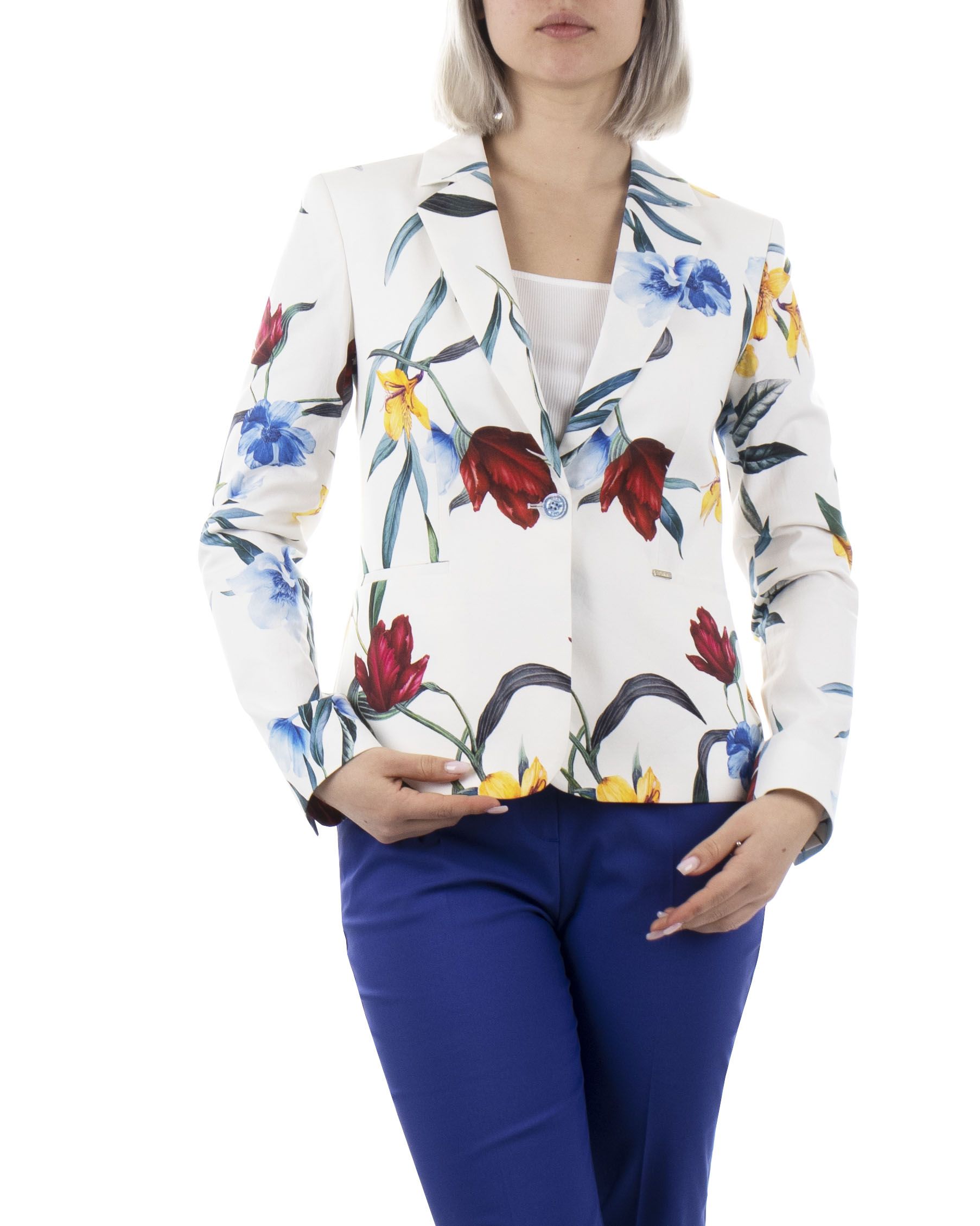 Cotton single-breasted jacket with lapels, with tropical flowers print 2