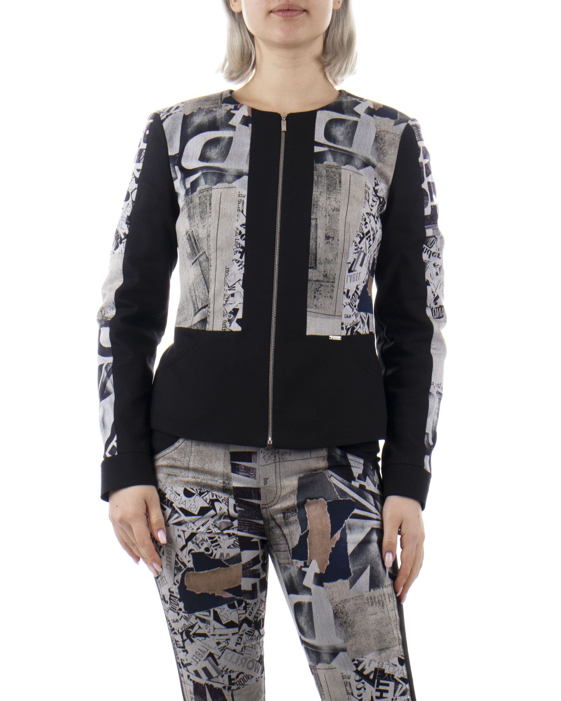Denim jacket with zipper and round neck, with abstract print and with cotton in the composition 2